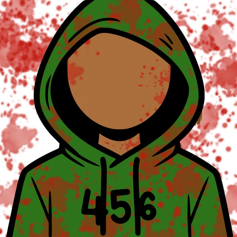 a person with non face waering a hoodie with a 456 symbol