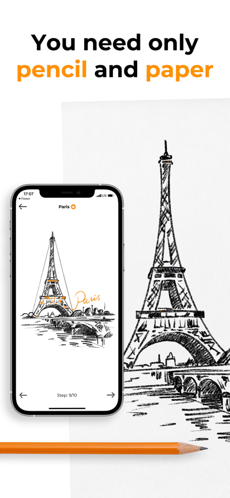 Mona - How to draw - Step-by-step drawing tutorial of the Eiffel Tower shown on a smartphone next to a physical pencil sketch on paper.