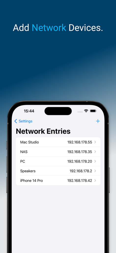 Una lista de dispositivos de red guardados con sus direcciones IP mostradas en una pantalla de iPhone dentro de la aplicación UDP TCP Network Utility.
