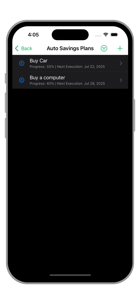 App interface displaying automated savings plans for a car and computer.