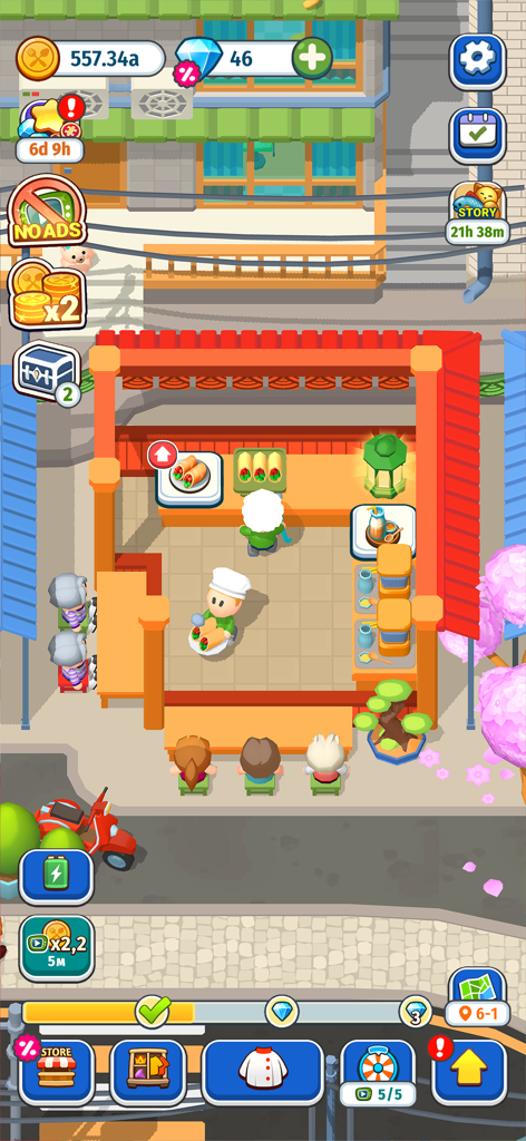 Foodventure Inc: Idle Tycoon - Chef che serve clienti in un piccolo stand di street food nel gioco mobile Foodventure Inc