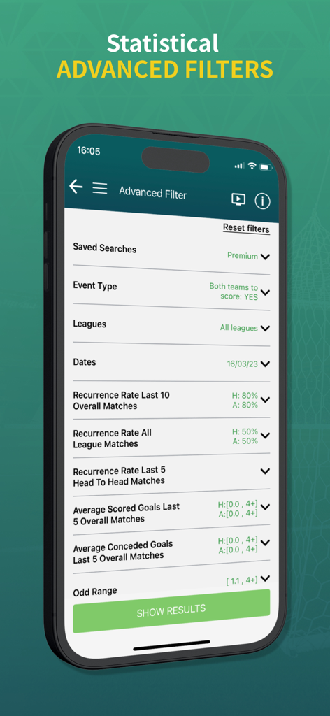 BetMines Football Betting Tips - BetMinesアプリの高度な統計フィルターインターフェース。フットボールベッティングのヒント用です。