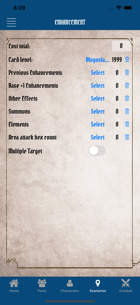 Gloomhaven Campaign Tracker - Interface of the Gloomhaven Campaign Tracker showing the ability card enhancement cost calculation screen