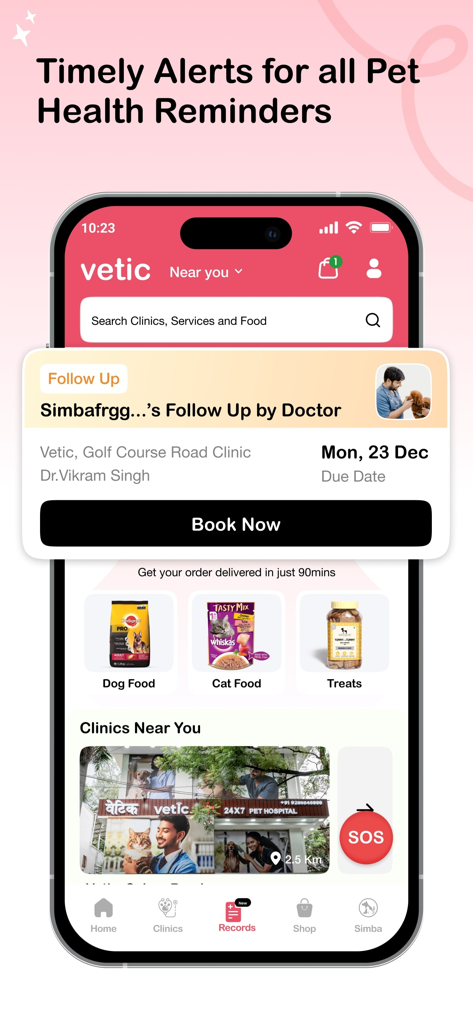 Vetic app interface showing a pet health follow-up alert with an easy book now button for veterinary appointments.