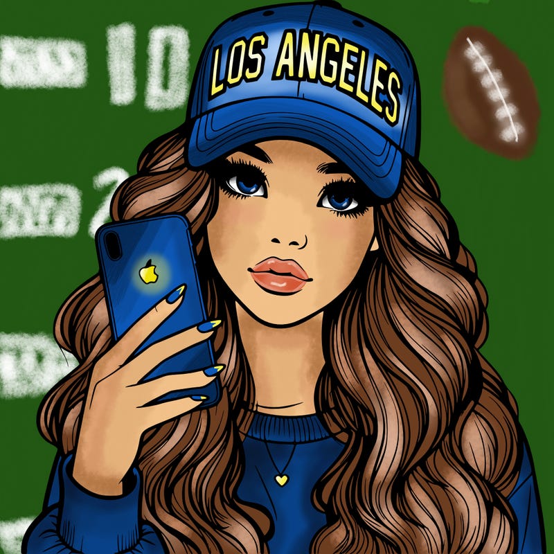 realistic beautiful girl wearing los ángeles cap holding an iphone