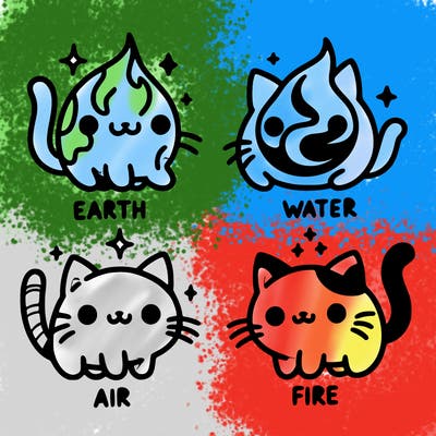 4 cats that represent the different elements, earth, water, air, and fire