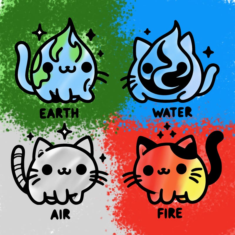 4 cats that represent the different elements, earth, water, air, and fire