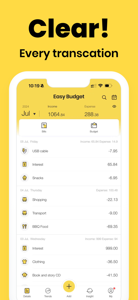 Smartphone screen showing a detailed daily transaction log and monthly budget summary in the Easy Budget app