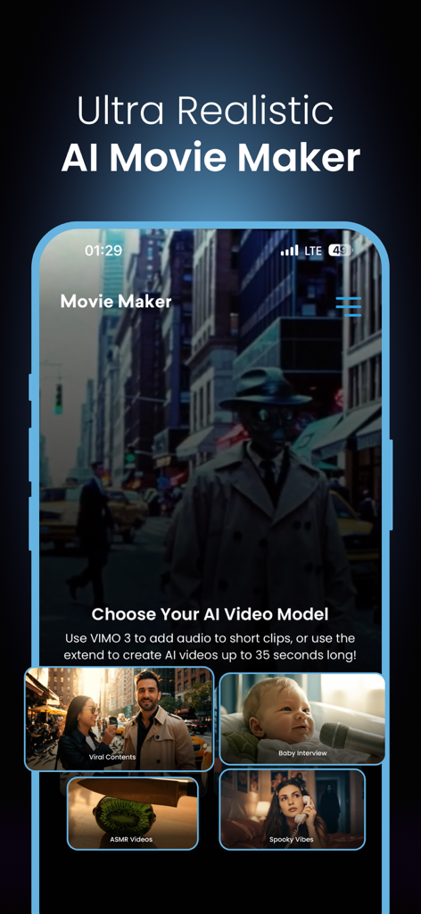 A mobile interface for Vimo AI showing the Ultra Realistic AI Movie Maker screen with various video model categories like Viral Contents and ASMR