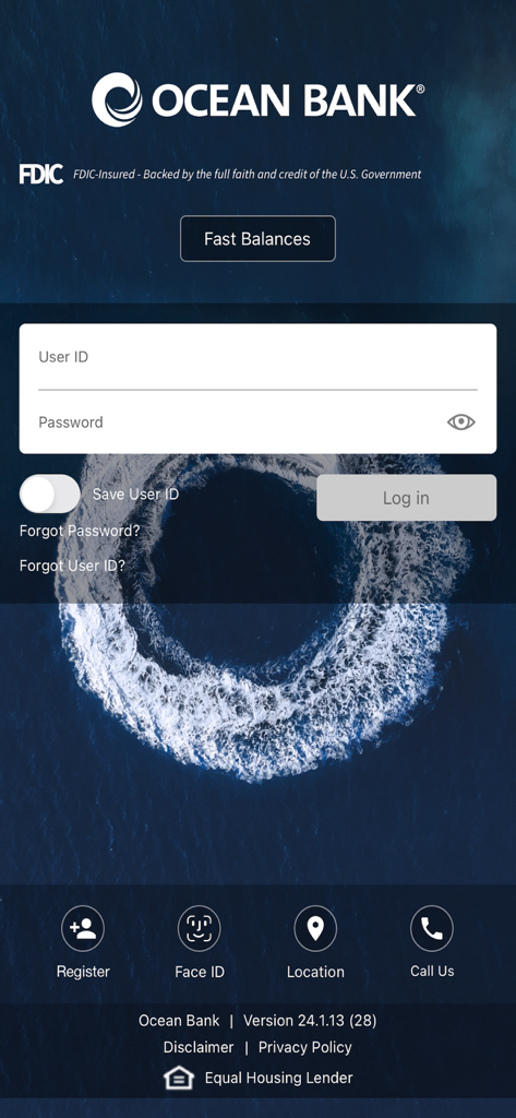 Ocean Bank mobile banking login screen with user ID and password fields.