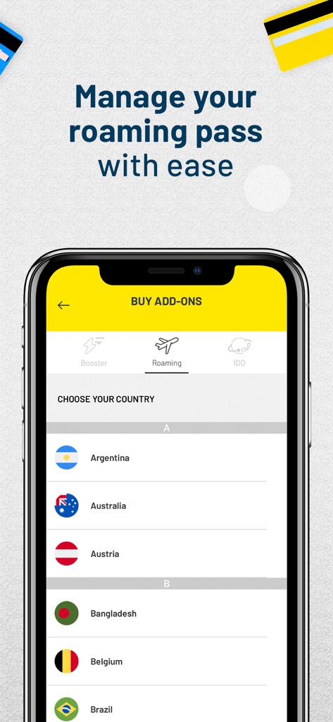 MyDigi Mobile App - 국가 및 국기 목록과 함께 국제 로밍 패스 구매 화면을 보여주는 MyDigi 앱 인터페이스.
