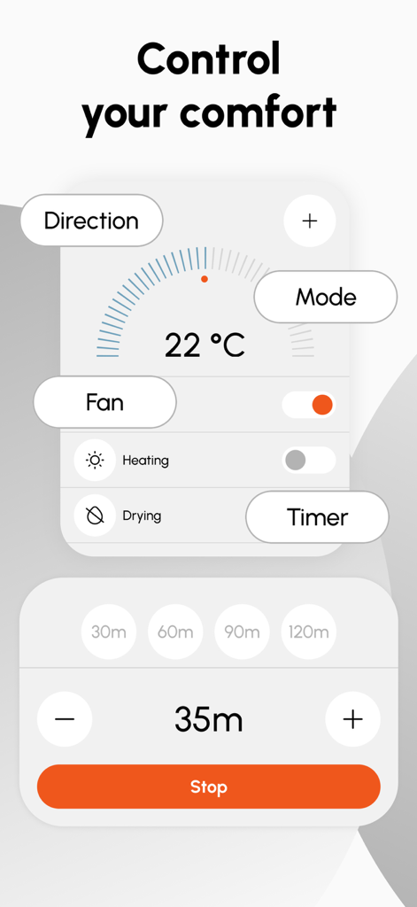 エアコンリモートアプリのスマートフォンインターフェース、温度設定とタイマーを表示