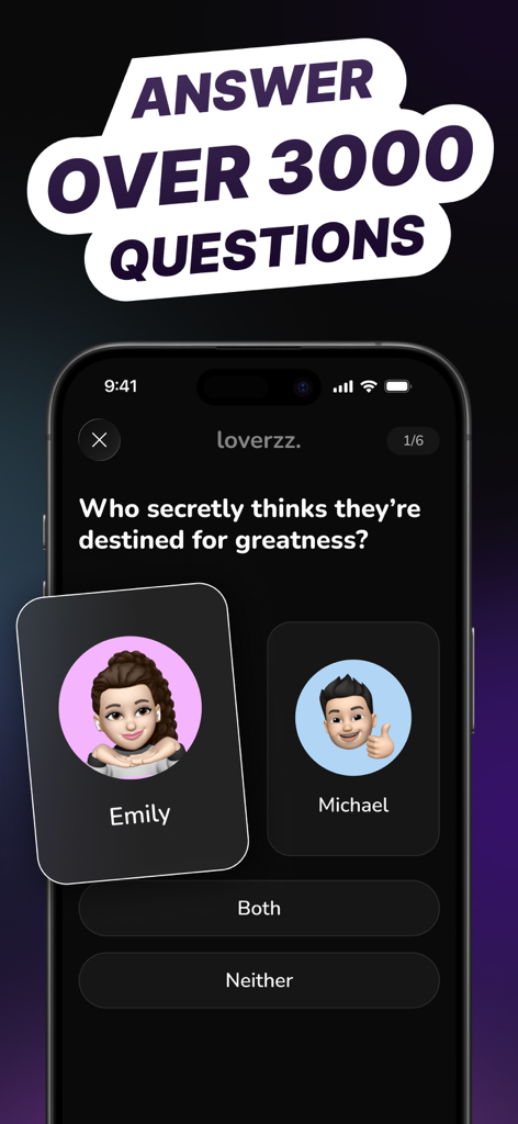 Loverzz app interface showing a relationship quiz question for couples