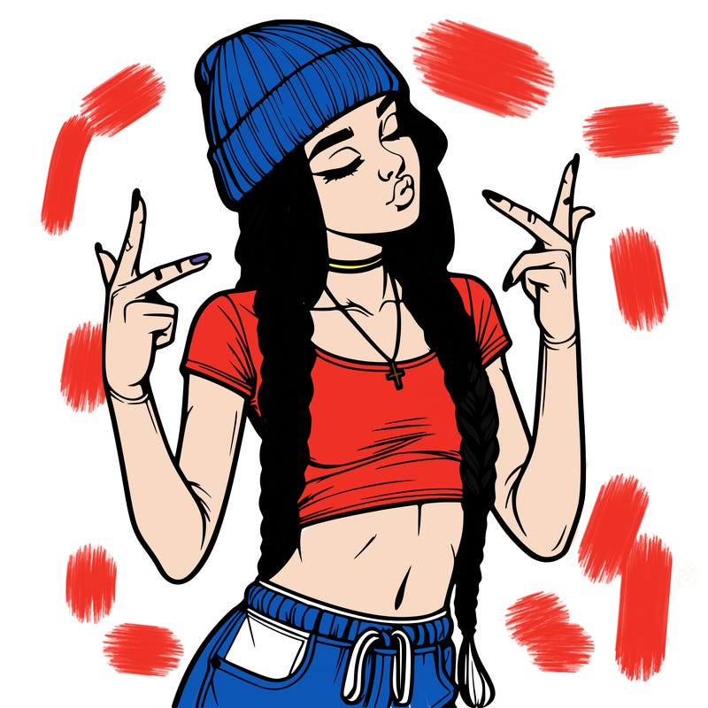 realistic teenage girl with braids and a beanie and crop top doing 🫶🏼