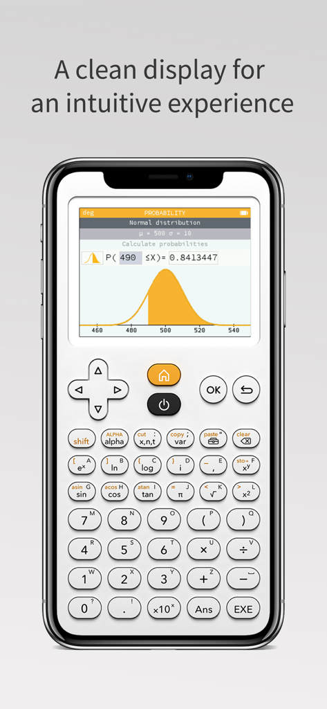 NumWorks Graphing Calculator - iPhone의 NumWorks 그래프 계산기 앱이 정규 분포 확률 그래프를 표시하고 있음
