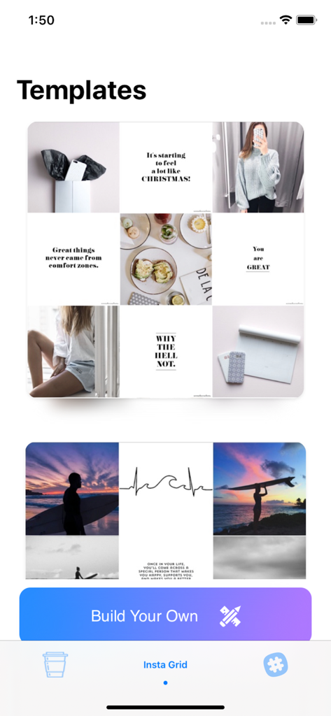 InstaStory: Featured Templates - Interfaz que muestra varias plantillas estéticas de cuadrícula de fotos para historias de redes sociales