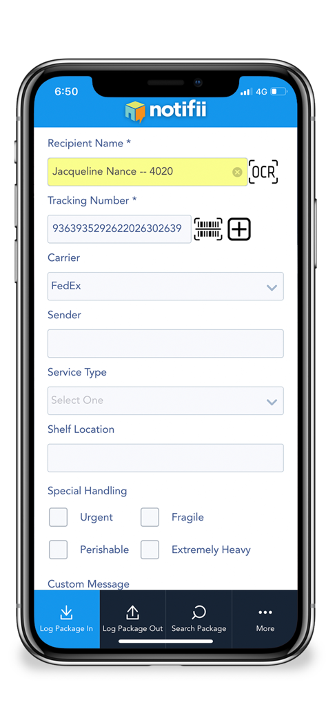 Notifii Track - Notifii Track mobile app interface for logging inbound packages with fields for recipient name tracking number and carrier selection