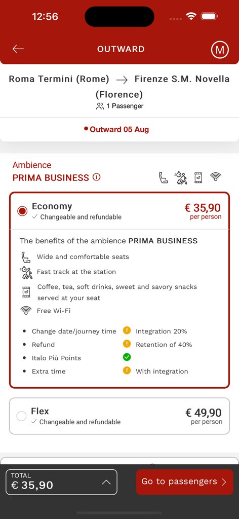 Italo: Italian Highspeed Train - Italo train app booking screen showing Prima Business class benefits and fare for Rome to Florence journey