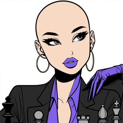 realistic bald asian female who wears suits and gloves and wearing hooped earrings while wearing lipstick, and playing chess