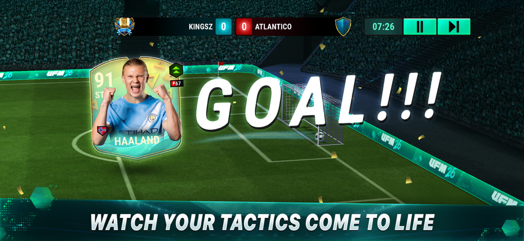 A goal celebration featuring Erling Haaland in the Ultimate Football Manager match simulation