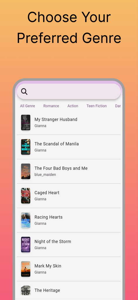 Haloreads - The Haloreads app interface displaying a list of Filipino romance and drama novels categorized by genre