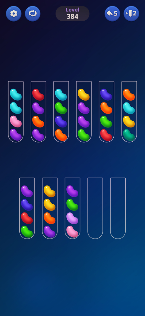 Ball Sort Puzzle: Color Bubble - A mobile game screen of Ball Sort Puzzle showing multiple tubes filled with mixed colorful bean shaped balls on a dark blue background