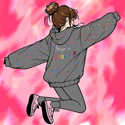realistic girl jumping with a bun and oversized sweatshirt
