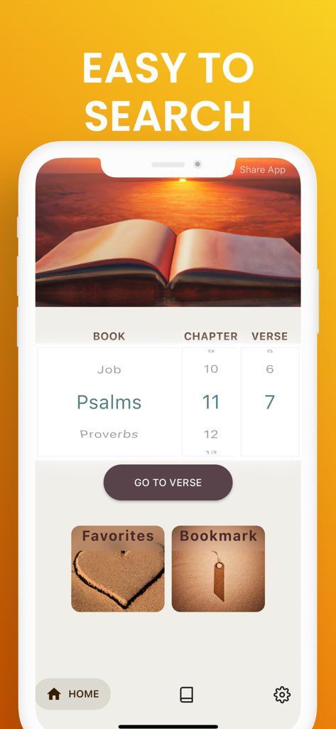Easy to Read Bible KJV - The search screen of the Easy to Read Bible KJV app featuring simple wheel pickers for Book Chapter and Verse selection