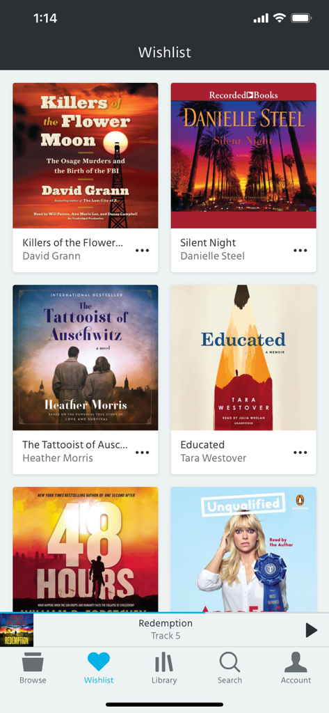 Downpour.com - Pantalla de lista de deseos de la aplicación móvil Downpour que muestra una selección curada de portadas de audiolibros