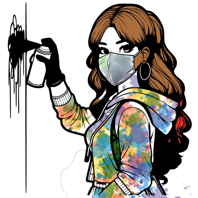 realistic girl with mask spray painting a wall