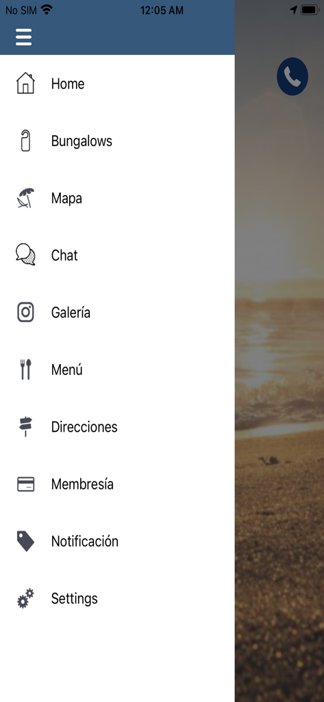Las Hojas Resort - Menú de navegación lateral de la aplicación Las Hojas Resort con secciones para bungalows, mapa, galería y configuración.