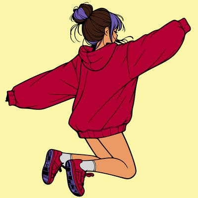 realistic girl jumping with a bun and oversized sweatshirt