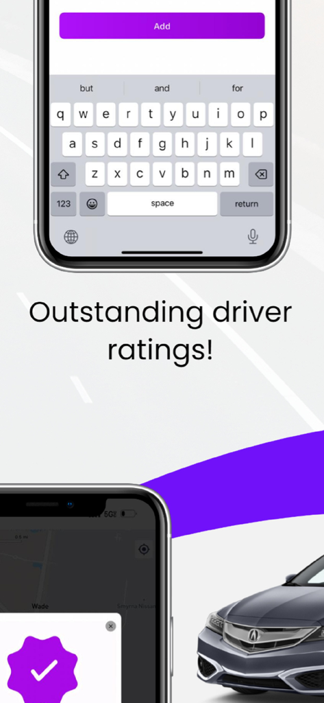Bombo Taxi - Captura de pantalla de la interfaz de la aplicación Bombo Taxi que muestra calificaciones excepcionales de los conductores y un mapa de viaje.