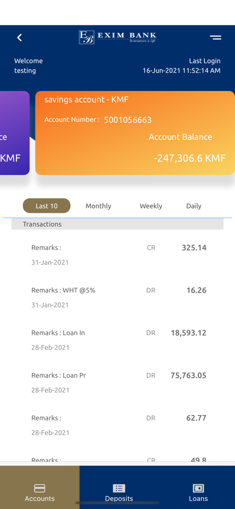 MyExim - MyExim app screen showing savings account balance and recent transactions