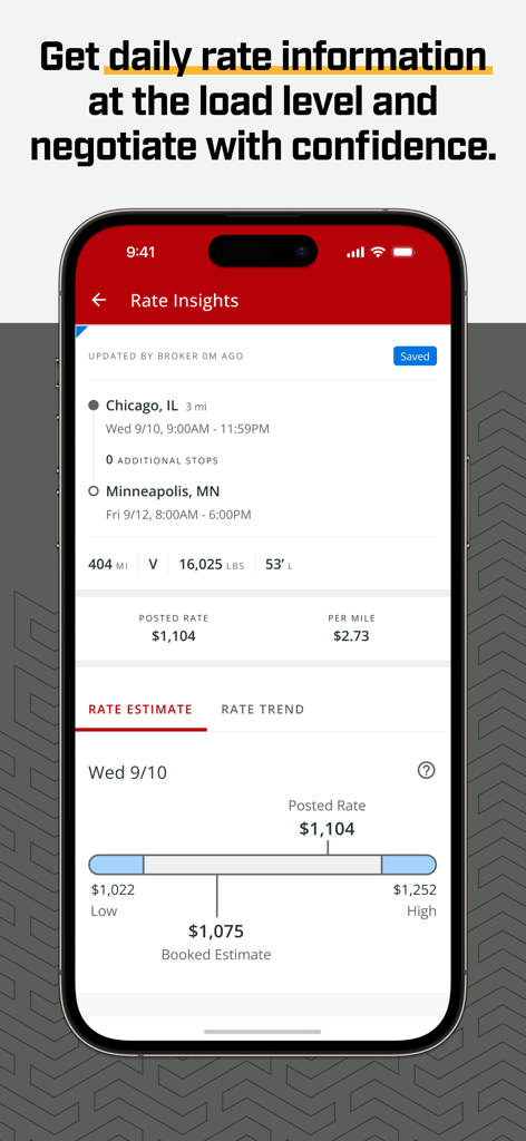 Truckstop Go - Truckstop Go mobile app screen showing load rate insights and estimates for negotiation