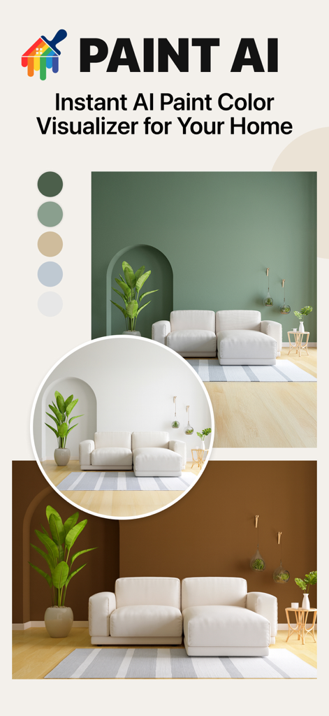 AI Paint Color Visualizer showing various wall paint colors in a modern living room setting