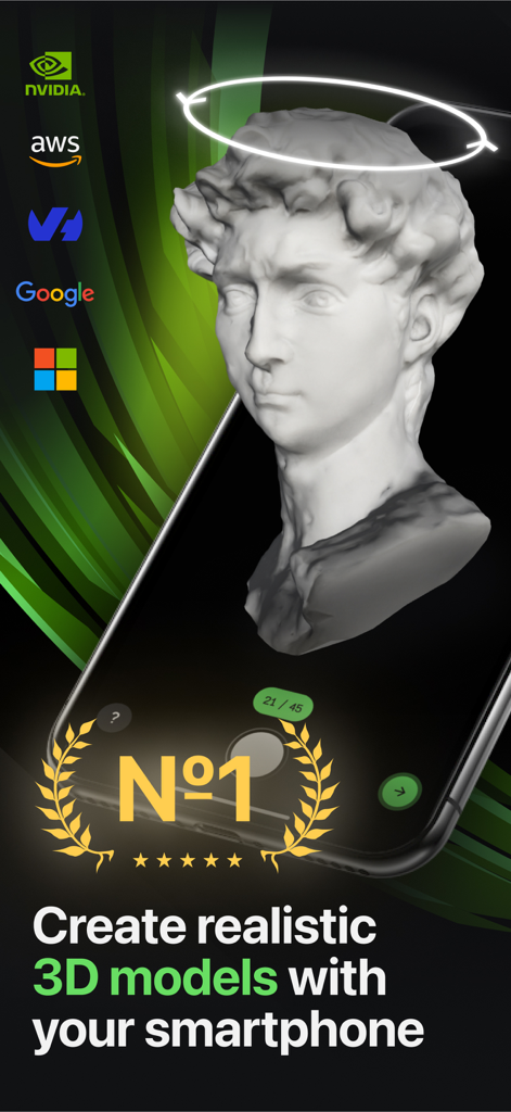 A smartphone screen displaying a realistic 3D model of a classical bust captured with the MagiScan app.