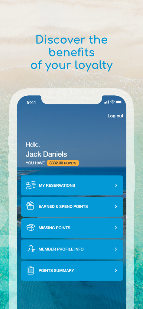 Bahamasair mobile app loyalty program dashboard showing frequent flyer points and member options.