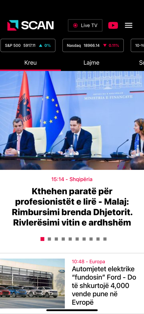 ScanTv - ScanTv app home screen displaying financial news articles and real time stock market indices