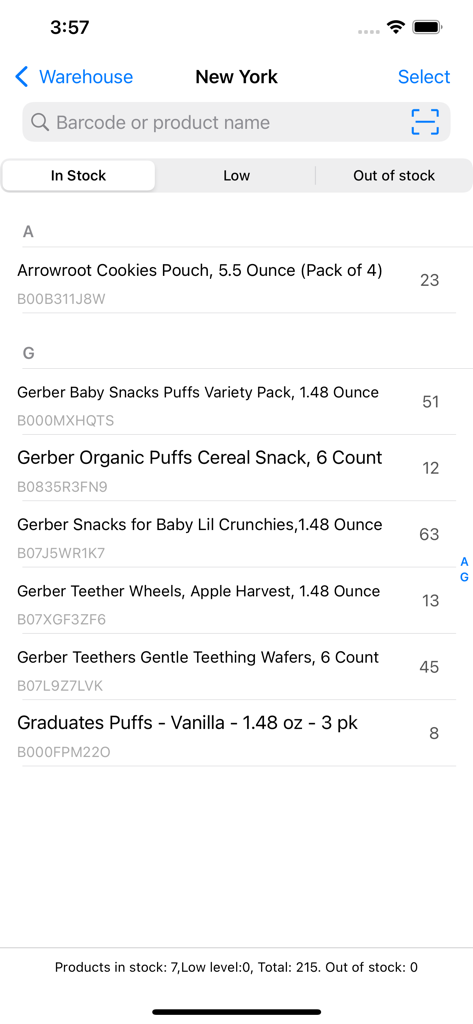Mobile inventory management screen showing product names quantities and barcode IDs in the Power Barcode Scanner app