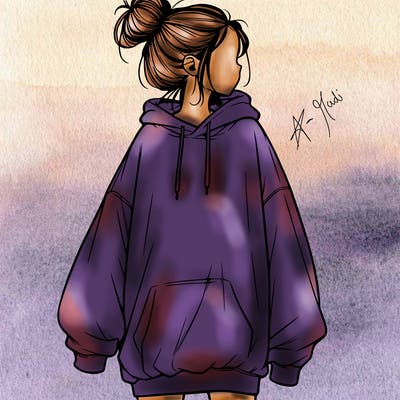realistic girl with a oversized sweatshirt on and a bun