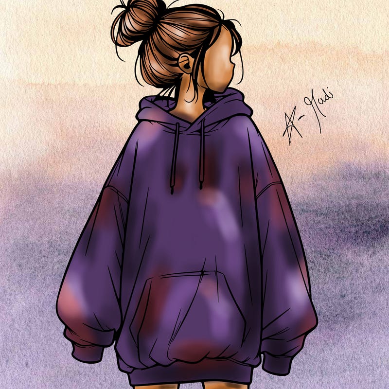 realistic girl with a oversized sweatshirt on and a bun