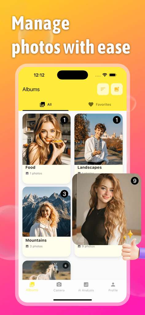 Interface of the Gumist app displaying organized photo albums with categories like Food and Landscapes
