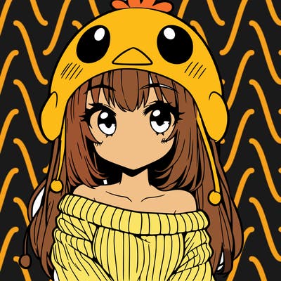 anime girl with chick shaped hat with sweater with bare shoulders with bangs covering them one eye with low tail
