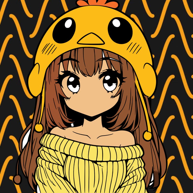 anime girl with chick shaped hat with sweater with bare shoulders with bangs covering them one eye with low tail