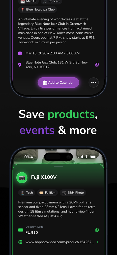 Pinio: Pin & Organize - Telas do aplicativo Pinio mostrando um evento de show de jazz salvo com integração de calendário e um produto de câmera digital salvo com detalhes de compra.