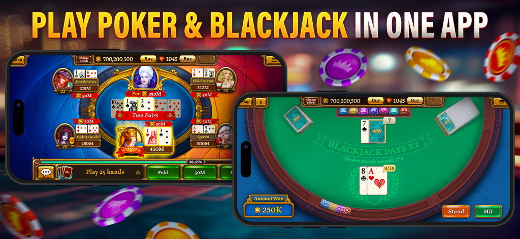 Mobile phone screens showing fantasy themed Texas Holdem Poker and Blackjack gameplay