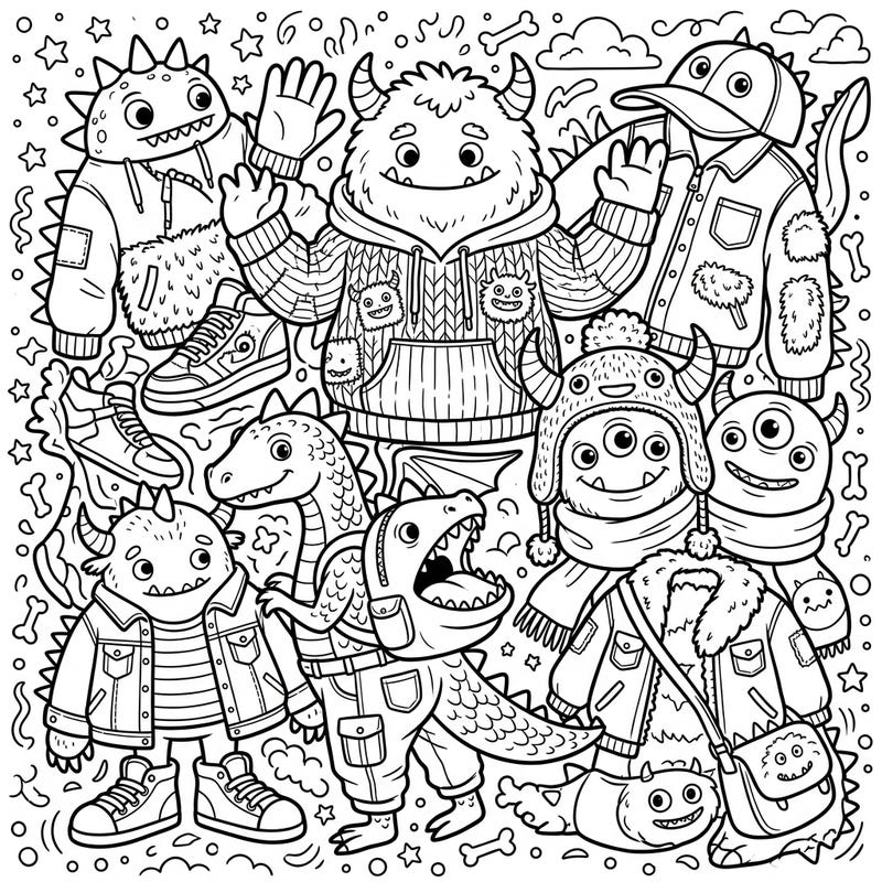 Get ready for a style-packed adventure with these adorable monsters dressed in their coolest outfits! This lively coloring page combines imaginative creatures with trendy children's fashion for endless creative fun.