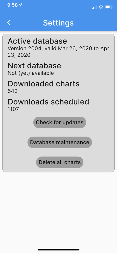 Approach Charts - 접근 차트 앱의 설정 화면, 활성 데이터베이스 유효 날짜 및 다운로드된 차트 수 표시.