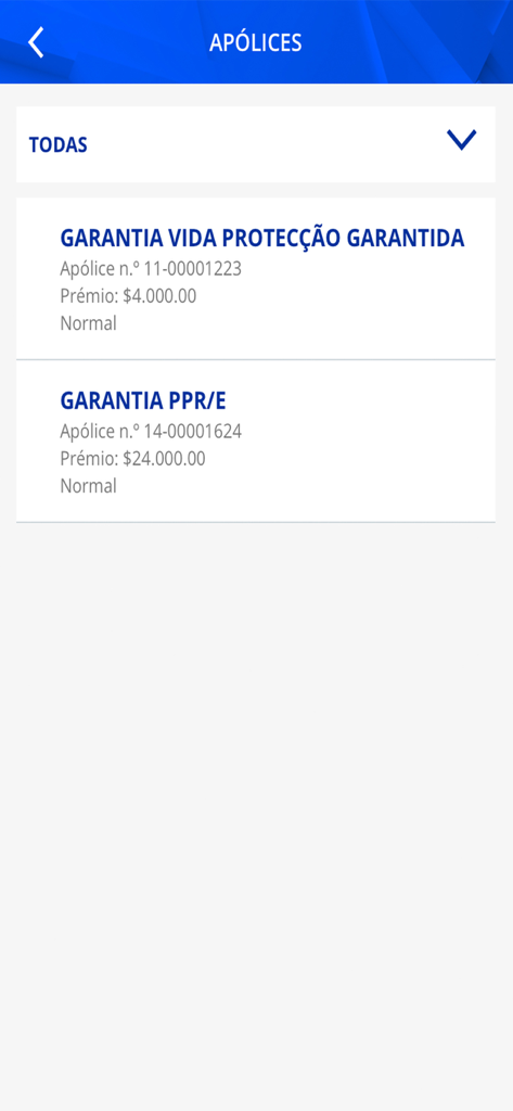 Screenshot of the GarantiaMobile app displaying a list of active insurance policies including life insurance and retirement savings plans